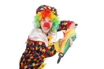 Clown with umbrella isolated on white