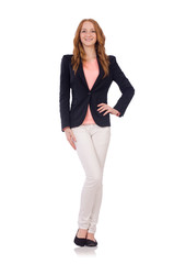 Fototapeta premium Cute smiling girl in black jacket isolated on white