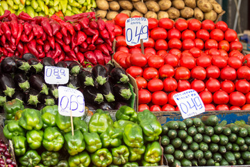 Fruit market with various colorful fresh fruits and vegetables