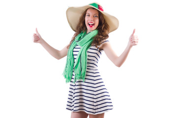 Happy woman in panama and green scarf isolated on white
