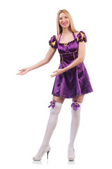 Cute girl in purple masquerade dress isolated on white