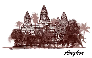 Poster Angkor wat met olifanten en palmbomen © Isaxar