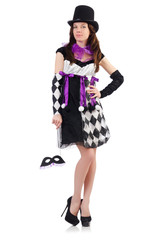 Pretty girl in jester costume isolated on white