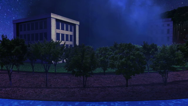 trees and buildings inside round land with tornado at night 