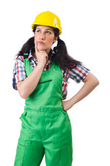 Female workman in green overalls isolated on white