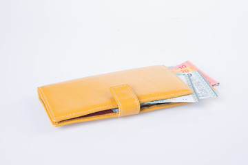 wallet. woman wallet with money on a background