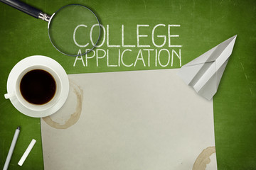 College application concept on green blackboard with empty paper