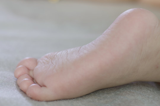 Stock Photo:.tiny foot of newborn baby in soft selective focus