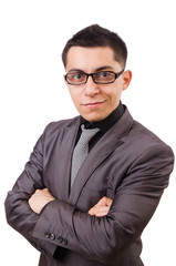 Young man in gray suit isolated on white