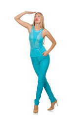 Fototapeta premium Pretty blond woman in blue pants and shirt isolated on white