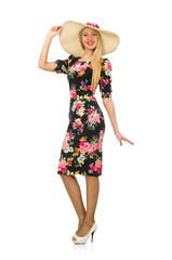 Cute blonde girl in floral dress isolated on white