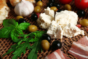 Ingredients of Mediterranean cuisine, on wooden board, top view