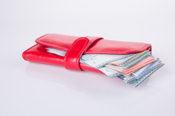wallet. woman wallet with money on a background