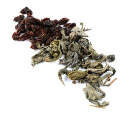 Various kinds of herbal tea and herbs isolated on white