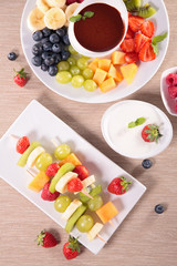 fruits and chocolate sauce