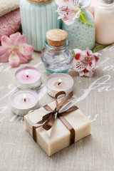 Bar of handmade soap and spa cosmetics