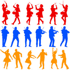 Color silhouettes of beautiful mans and womans. Drummer, violini
