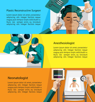 Specialist physicians doctor such as plastic surgeon, anesthesiologist and neonatologist pediatrics infographic banner layout vector