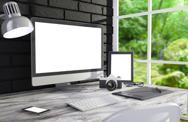 Fototapeta premium 3D illustration PC screen on table in office, Workspace
