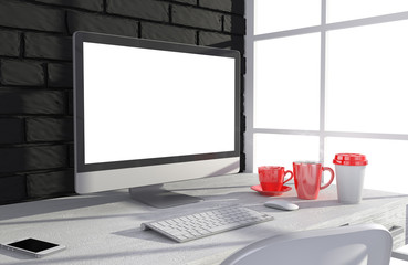 Fototapeta premium 3D illustration PC screen on table in office, Workspace
