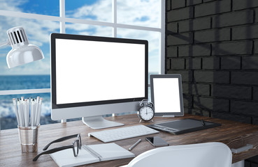 Fototapeta premium 3D illustration PC screen on table in office, Workspace