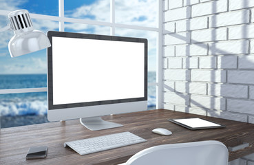 Fototapeta premium 3D illustration PC screen on table in office, Workspace