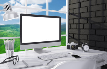 Fototapeta premium 3D illustration PC screen on table in office, Workspace
