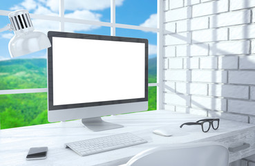 Fototapeta premium 3D illustration PC screen on table in office, Workspace