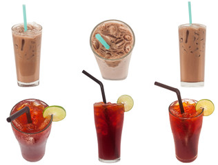 Ice milk chocolate and Ice lemon tea sweet drink isolated on white background 