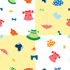 Seamless pattern with various clothes, dresses, jackets, a coat, hats on a checkered background.