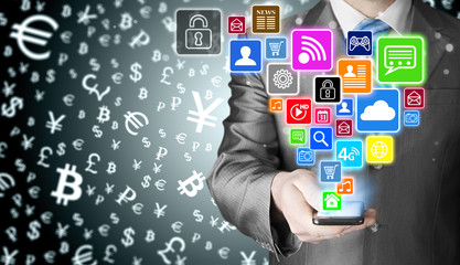 Business man using smart phone with social media icon set