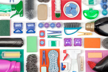 cleaning supplies on white background 