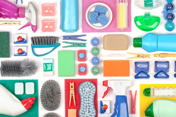 cleaning supplies on white background 