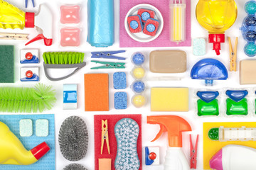 cleaning supplies on white background 