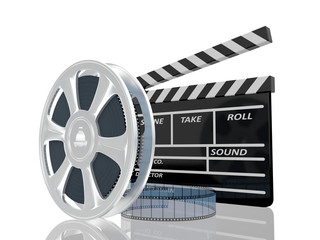 3d illustration of cinema clap and film reel, over white