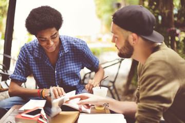 Friends Men Discussion Brainstorming Reading Concept