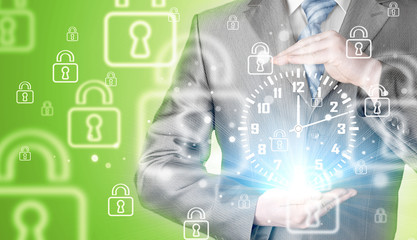 Image of businessman holding clock against illustration
