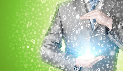 Image of businessman holding clock against illustration