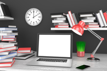 3D illustration laptop and books, Workspace