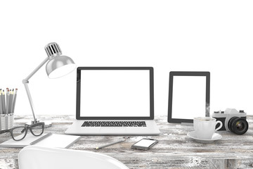 Fototapeta premium 3D illustration laptopand work stuff on table near brick wall
