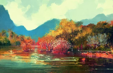 Fototapeten painting of beautiful autumn forest,illustration. © grandfailure