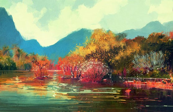 painting of beautiful autumn forest,illustration.