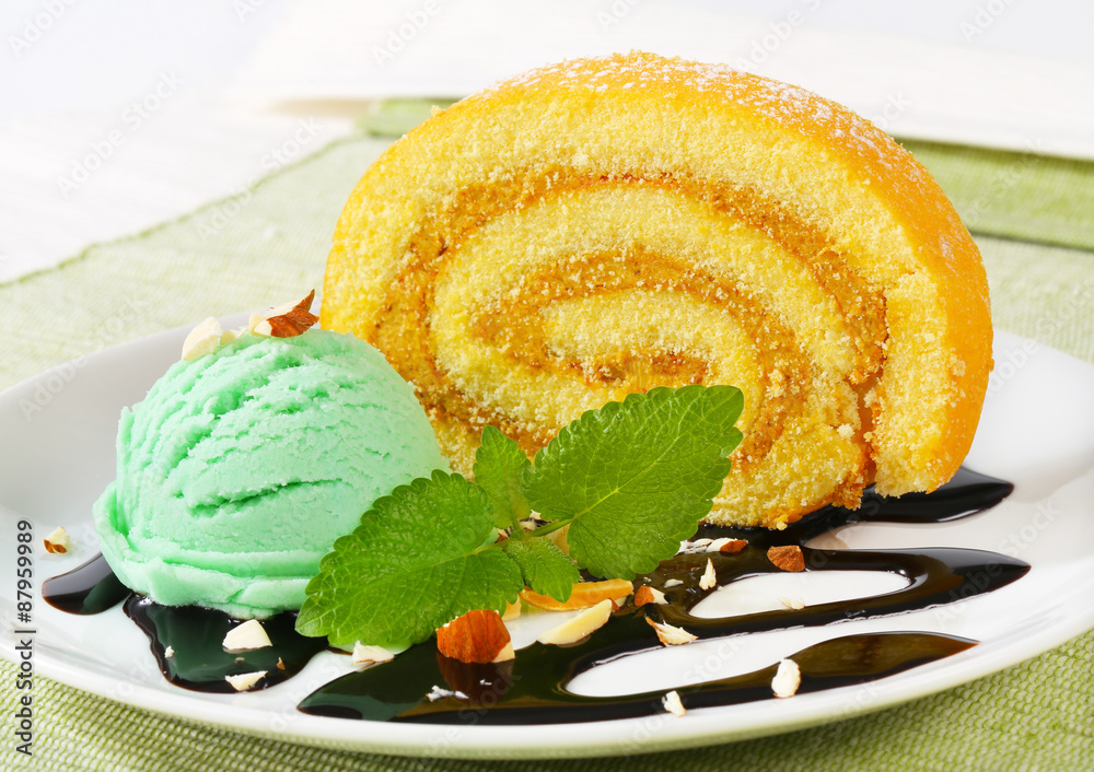 Canvas Prints swiss roll with scoop of green sherbet