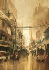 Tuinposter painting of city street view in vintage retro style © grandfailure