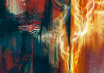 colorful abstract painting composition with orange glowing of fire flames