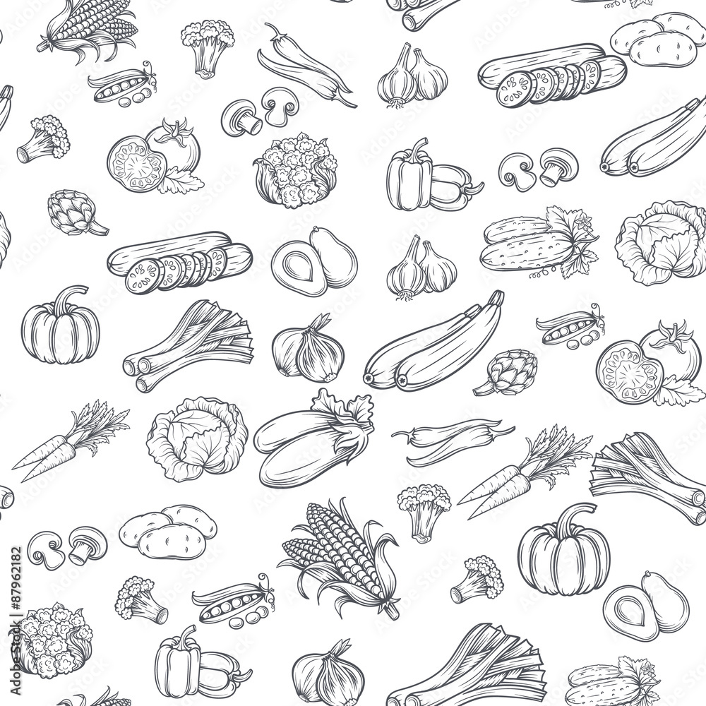 Wall mural seamless pattern with hand drawn vegetables. - Wall murals