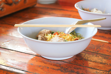 hot bowl of  noodles in cafeteria