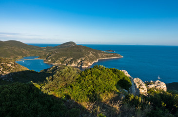 Porto Koufo harbor with a few sailboats, west coast of Sithonia
