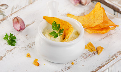 Garlic Sauce with corn chips
