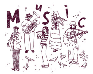 Music group people isolate white ink doodles